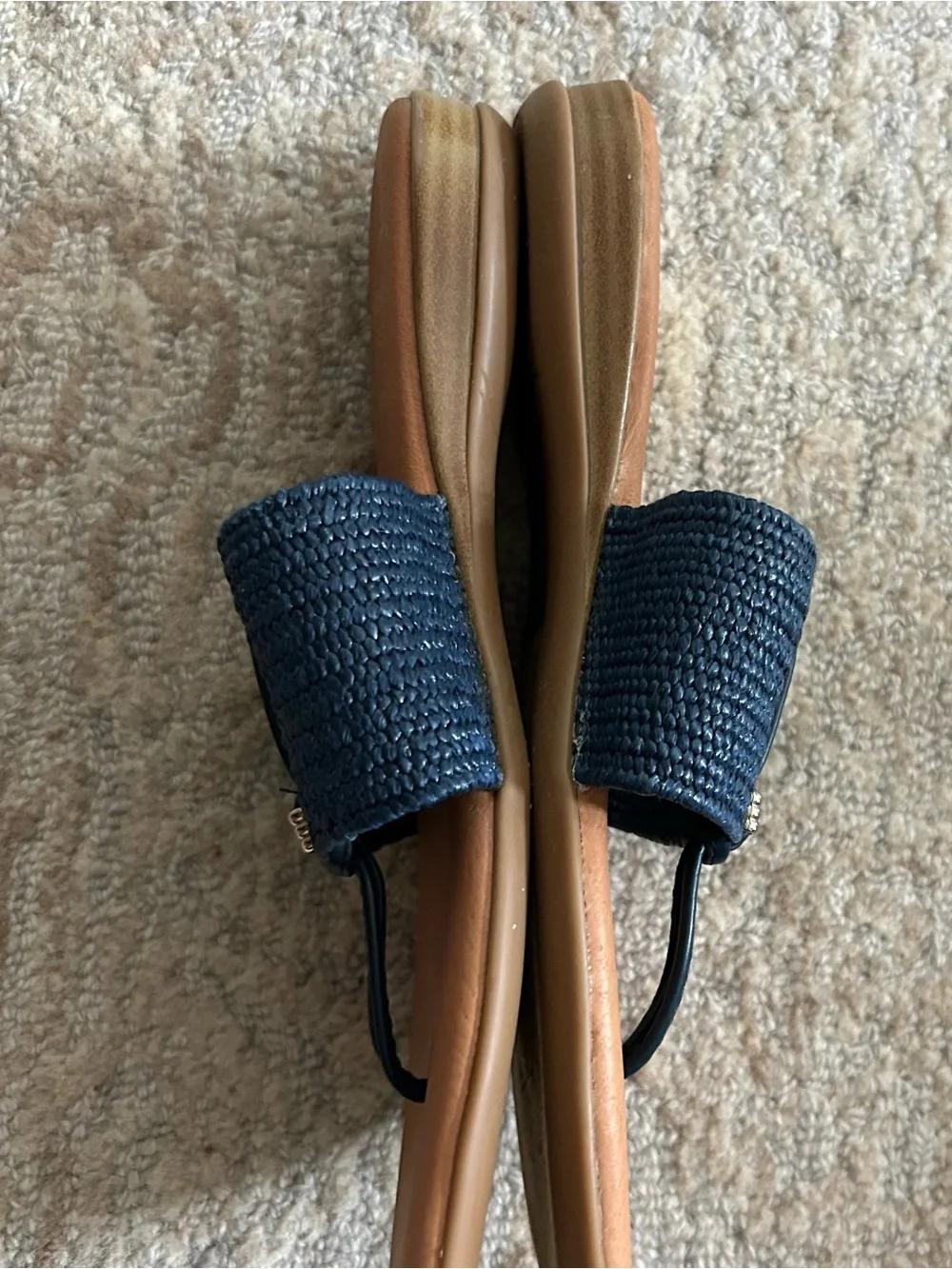 Andre Assous Navy Woven Toe-Loop Slide Sandals with Tan Footbed